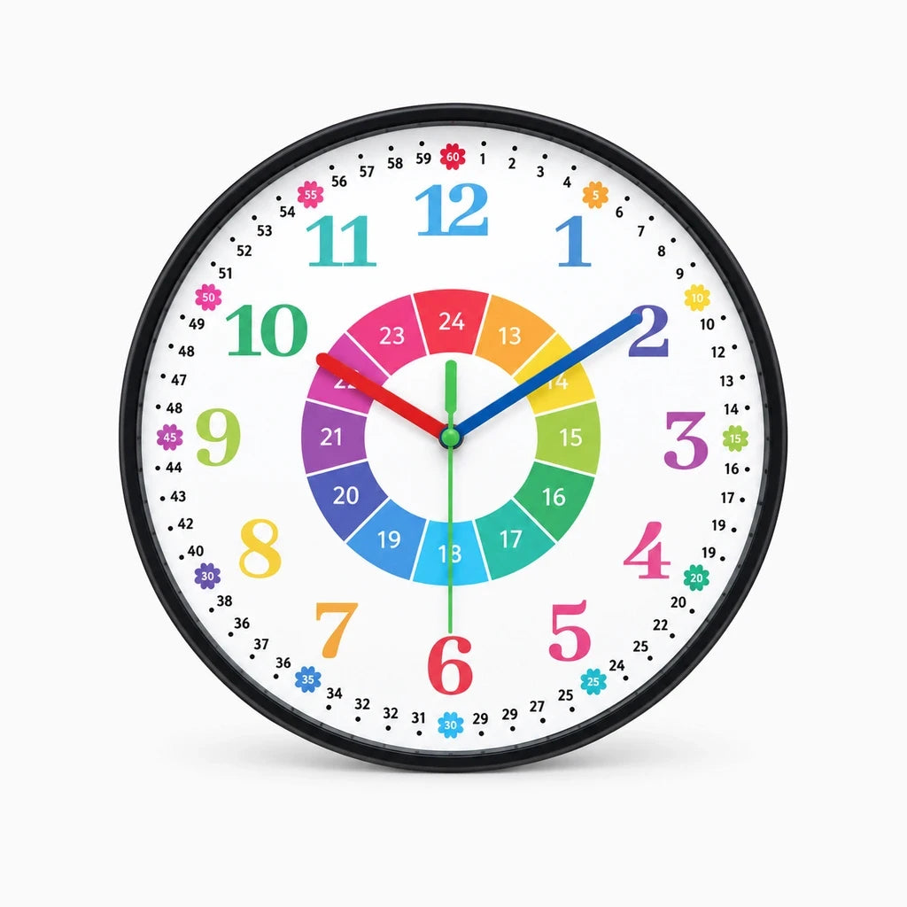 Cadran d'horloge pédagogique aux chiffres larges et aiguilles distinctes en couleur pour enfant