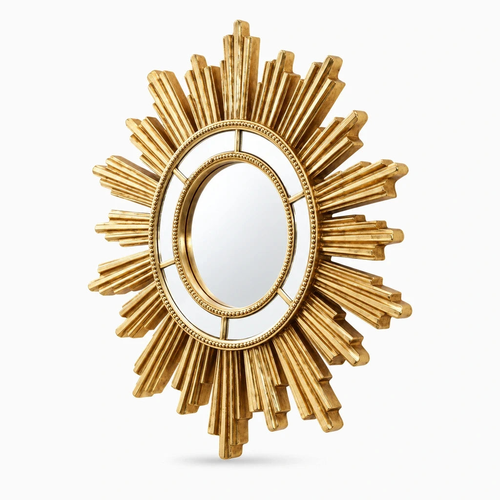 Vue frontale du miroir salon design circulaire à rayures dorées
