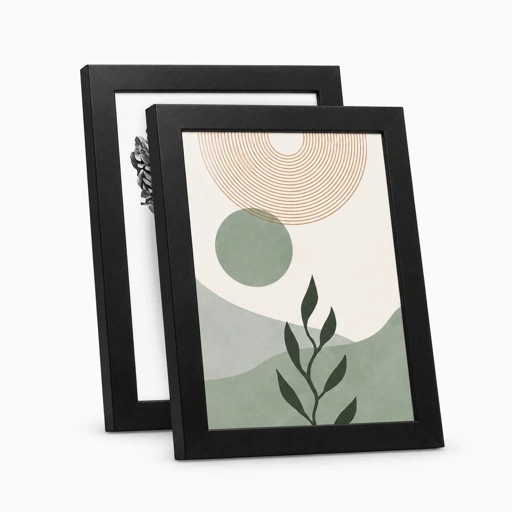 Détail du cadre 10x15 en bois noir mat avec bordure simple et finition épurée