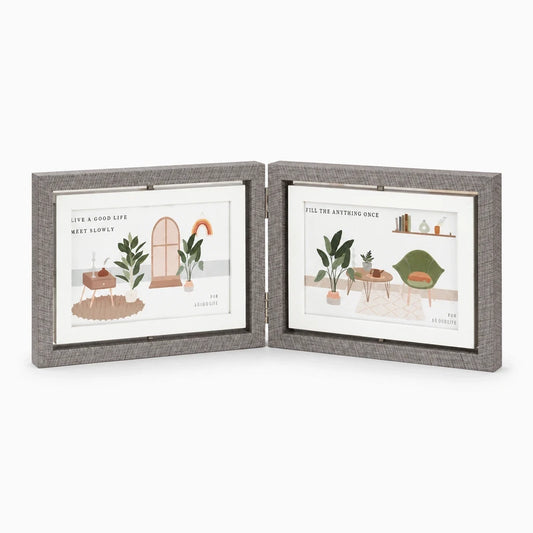 Cadre photo double pivotant gris avec deux compartiments rotatifs sur socle