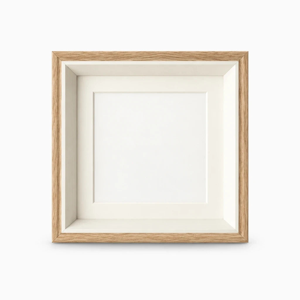 Cadre photo carré teinte bois naturel, fenêtre circulaire pour portrait, vue de face