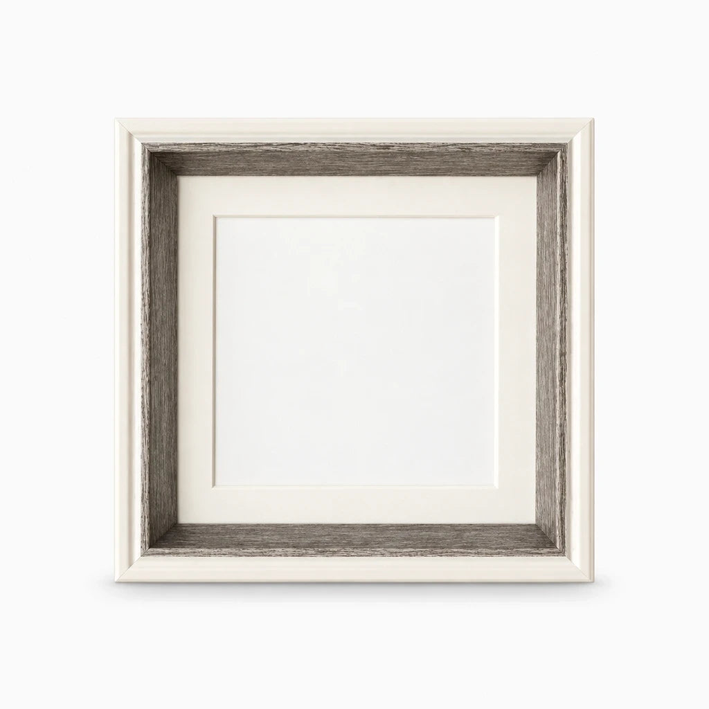 Cadre pour photo carré gris clair, ouverture ronde 10 cm, socle stable sur étagère
