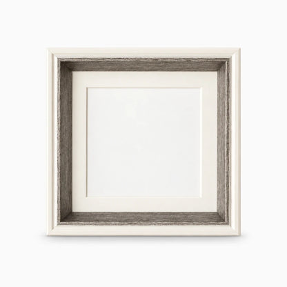 Cadre pour photo carré gris clair, ouverture ronde 10 cm, socle stable sur étagère