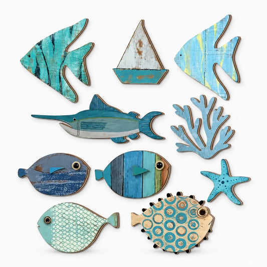 Ensemble de décoration murale naturelle en bois avec poisson, corail, étoile de mer et voilier