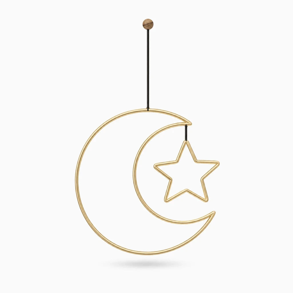 Deco murale doree avec motifs géométriques d'étoiles et lune, finition métallique brillante