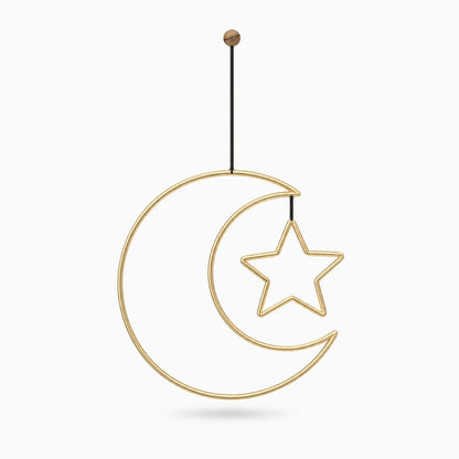 Deco murale doree avec motifs géométriques d'étoiles et lune, finition métallique brillante