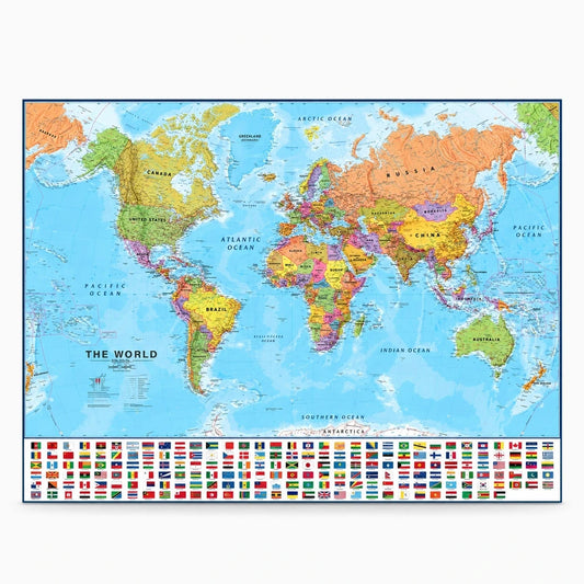 Grand tableau deco murale affichant une carte du monde avec drapeaux colorés et détails géographiques précis