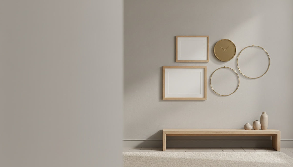 Cadres vides de tailles différentes et horloge ronde en laiton accrochés au-dessus d'un banc en chêne, sur un mur beige.
