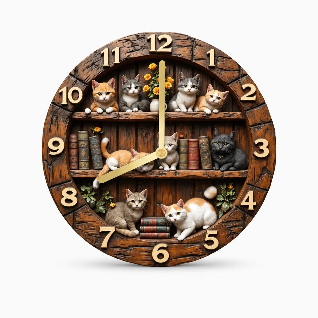 Horloge decoration murale avec silhouette de chat découpée, cadran rond en bois, diamètre 30 cm