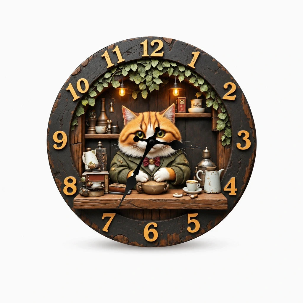 Deco murale horloge chat posée sur mur blanc, mouvement silencieux, design épuré