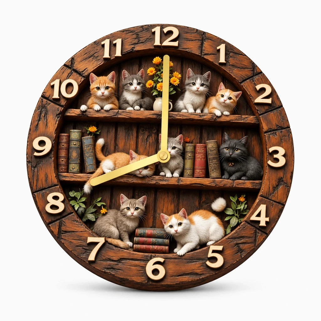 Décoration horloge murale avec profil félin stylisé, chiffres visibles sur cadran bois naturel