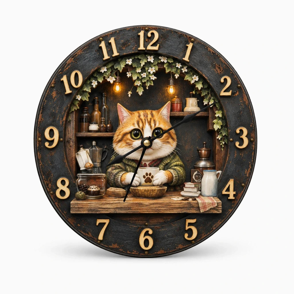 Horloge murale deco pour salon ou chambre, motif chat ajouré, finition bois clair