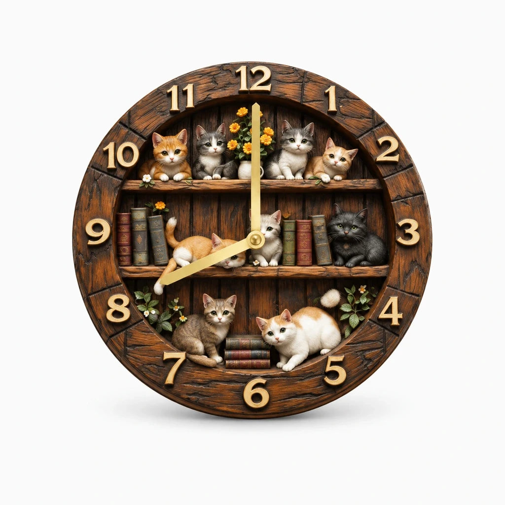 Deco horloge murale détail du mécanisme silencieux et des aiguilles sur fond chat