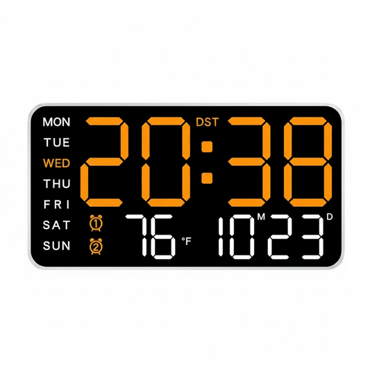 Horloge murale noire avec affichage numérique de l'heure et de la température