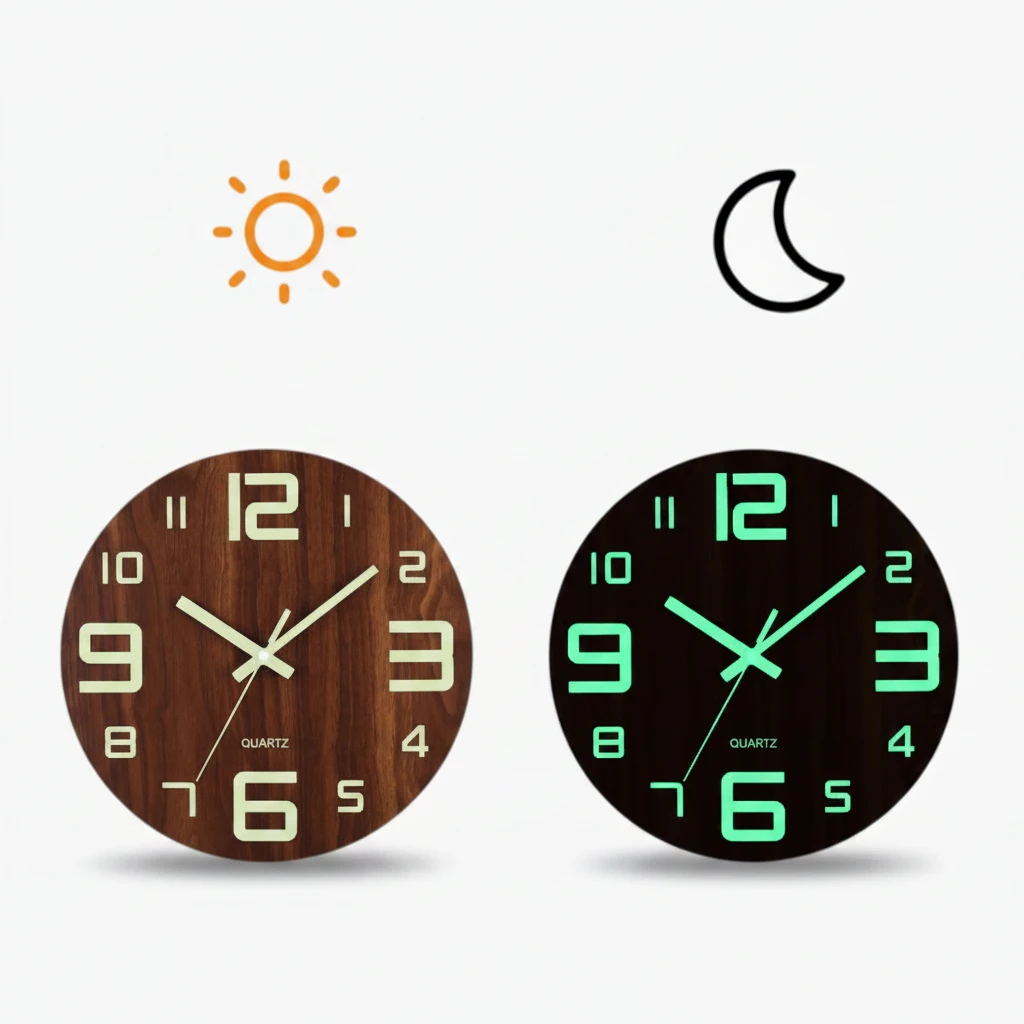 Horloge murale contemporaine en bois clair avec lumière nocturne intégrée