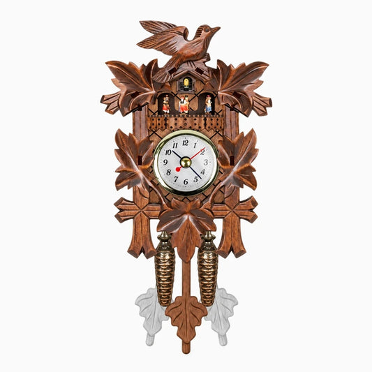 Horloge oiseaux en bois avec oiseau perché et balançoire, cadran classique teintes naturelles