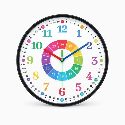 Cadran d'horloge pédagogique aux chiffres larges et aiguilles distinctes en couleur pour enfant