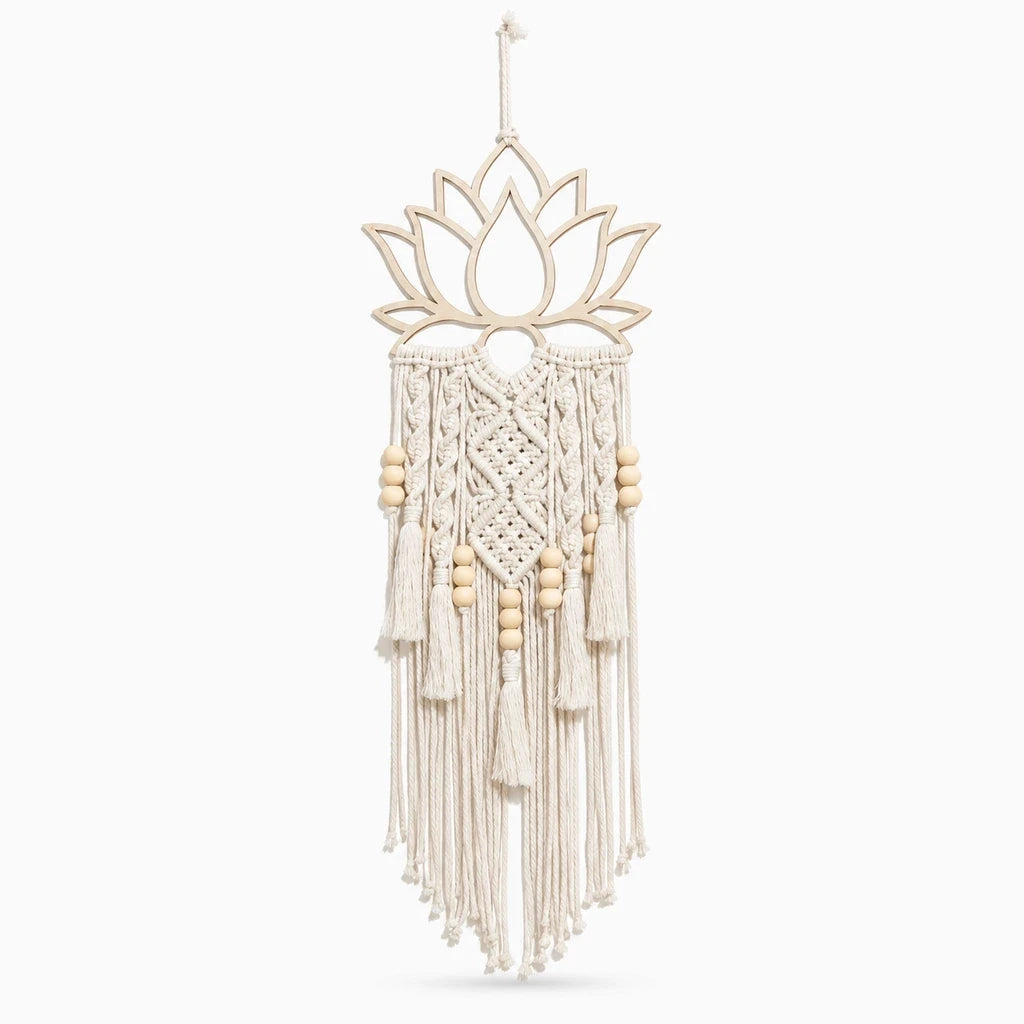 Grand macramé mural en forme de lotus avec franges, motifs ajourés et fils tombants pour décoration murale
