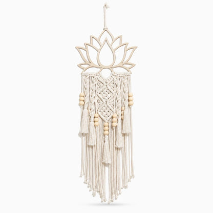 Grand macramé mural en forme de lotus avec franges, motifs ajourés et fils tombants pour décoration murale