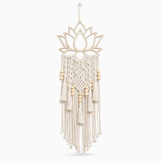 Grand macramé mural en forme de lotus avec franges, motifs ajourés et fils tombants pour décoration murale