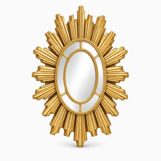 Miroir design pour salon avec cadre doré rayonnant en forme de soleil