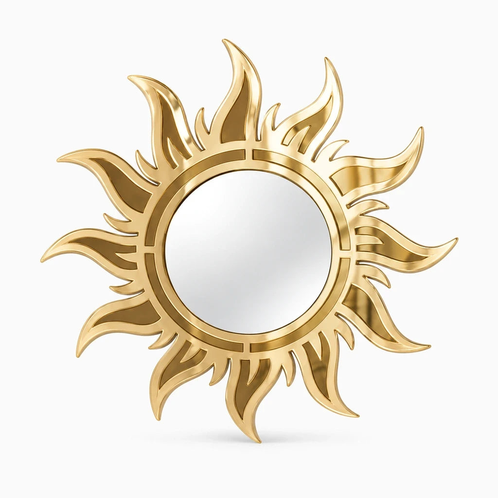 Miroir forme organique avec cadre circulaire et rayons sculptés en acrylique