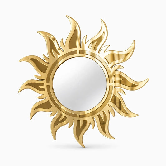 Miroir mural aux rayons stylisés, design épuré pour salon ou chambre