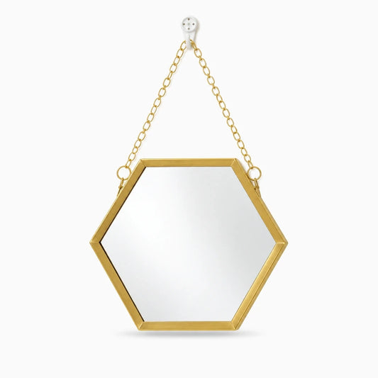 Miroir horizontal mural hexagonal suspendu au-dessus d'une coiffeuse