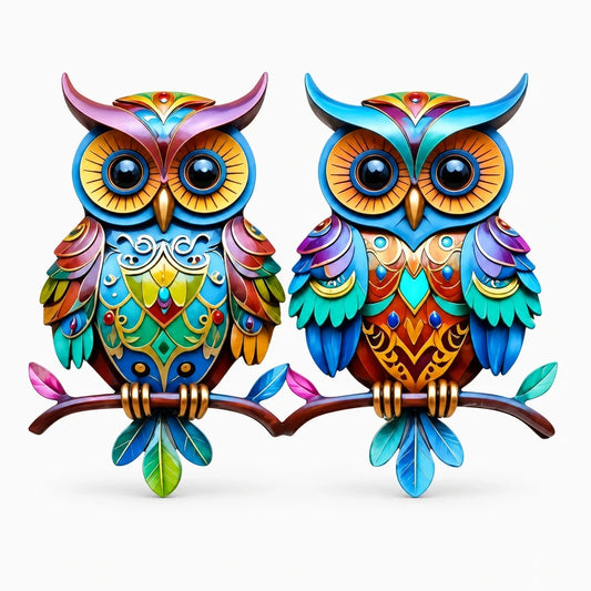 Silhouette de hibou colorée suspendue sur un mur blanc comme objet deco murale