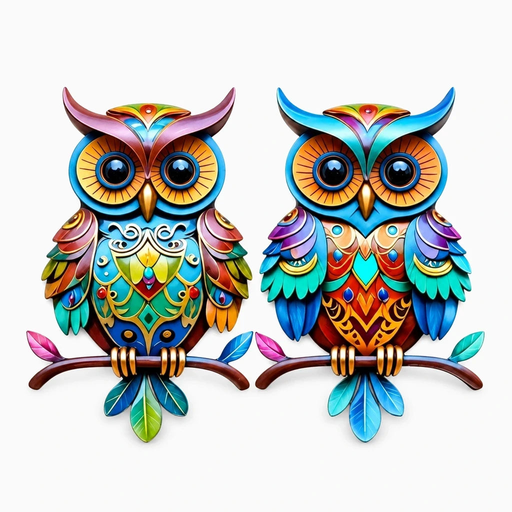 Décoration murale en forme de hibou aux teintes vives fixée sur une façade