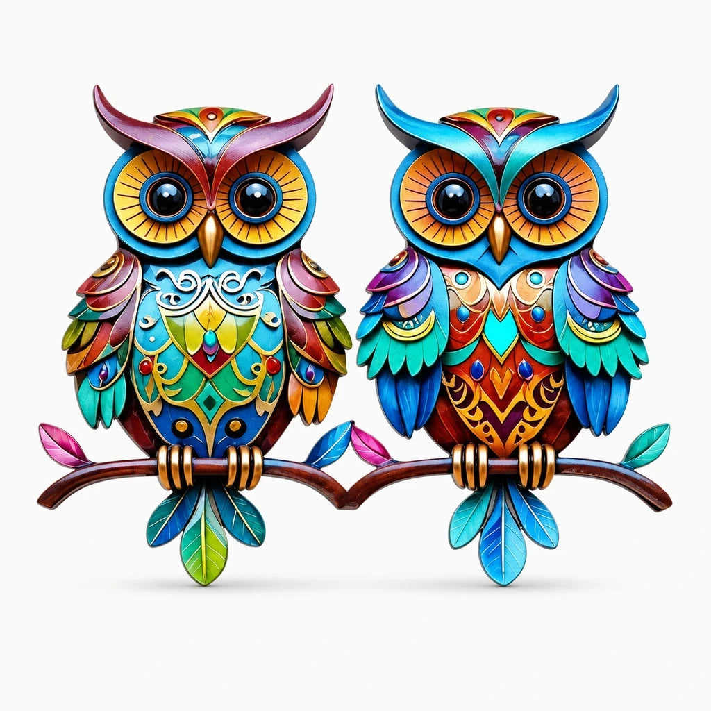 Hibou graphique coloré accroché sur une clôture en tant qu'objet deco
