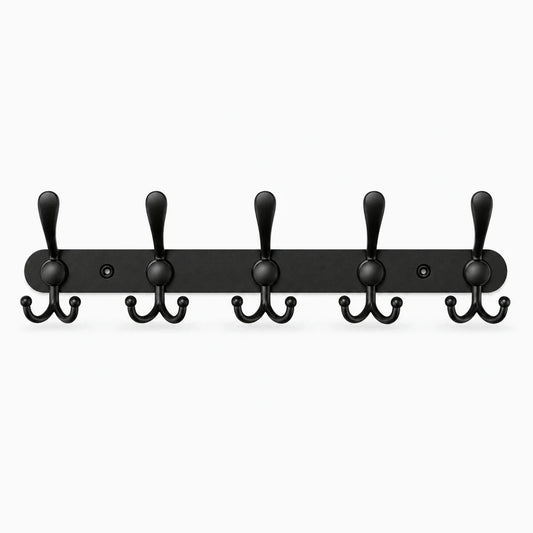 Porte manteau metal rouge avec cinq crochets alignés sur rail en acier inoxydable