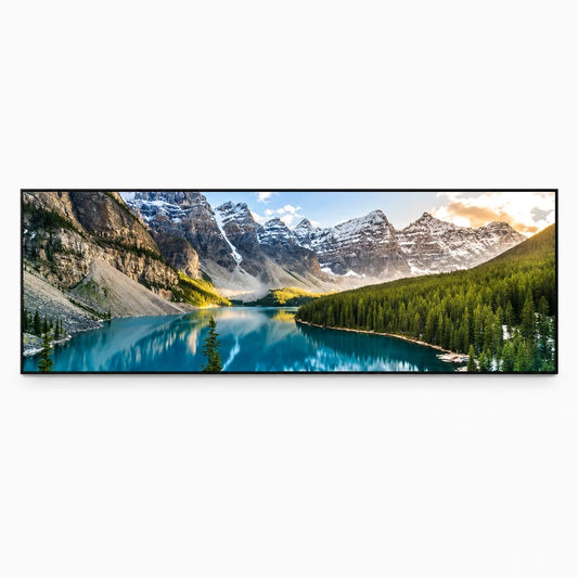 Paysage tableau peinture murale encadré au-dessus d'un canapé dans un salon moderne