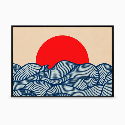 Tableau peinture paysage mer aux teintes douces, scène minimaliste avec horizon marin et soleil couchant