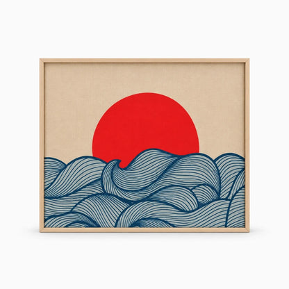 Toile paysage minimaliste représentant une scène marine au coucher de soleil, ambiance calme et zen